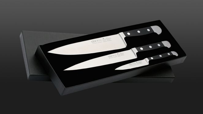 
                    knife set Alpha with lardoning knife, slicing knife and chef's knife